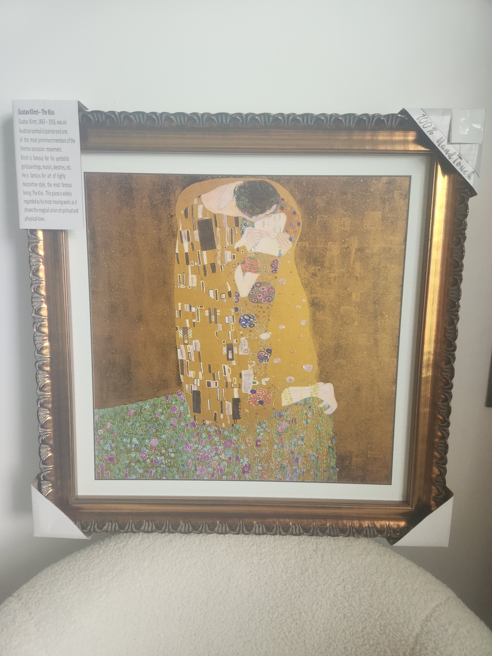 Gold Framed Gustav Klimt 'The Kiss' Art Print - 22 X 22 100% Hand Touched